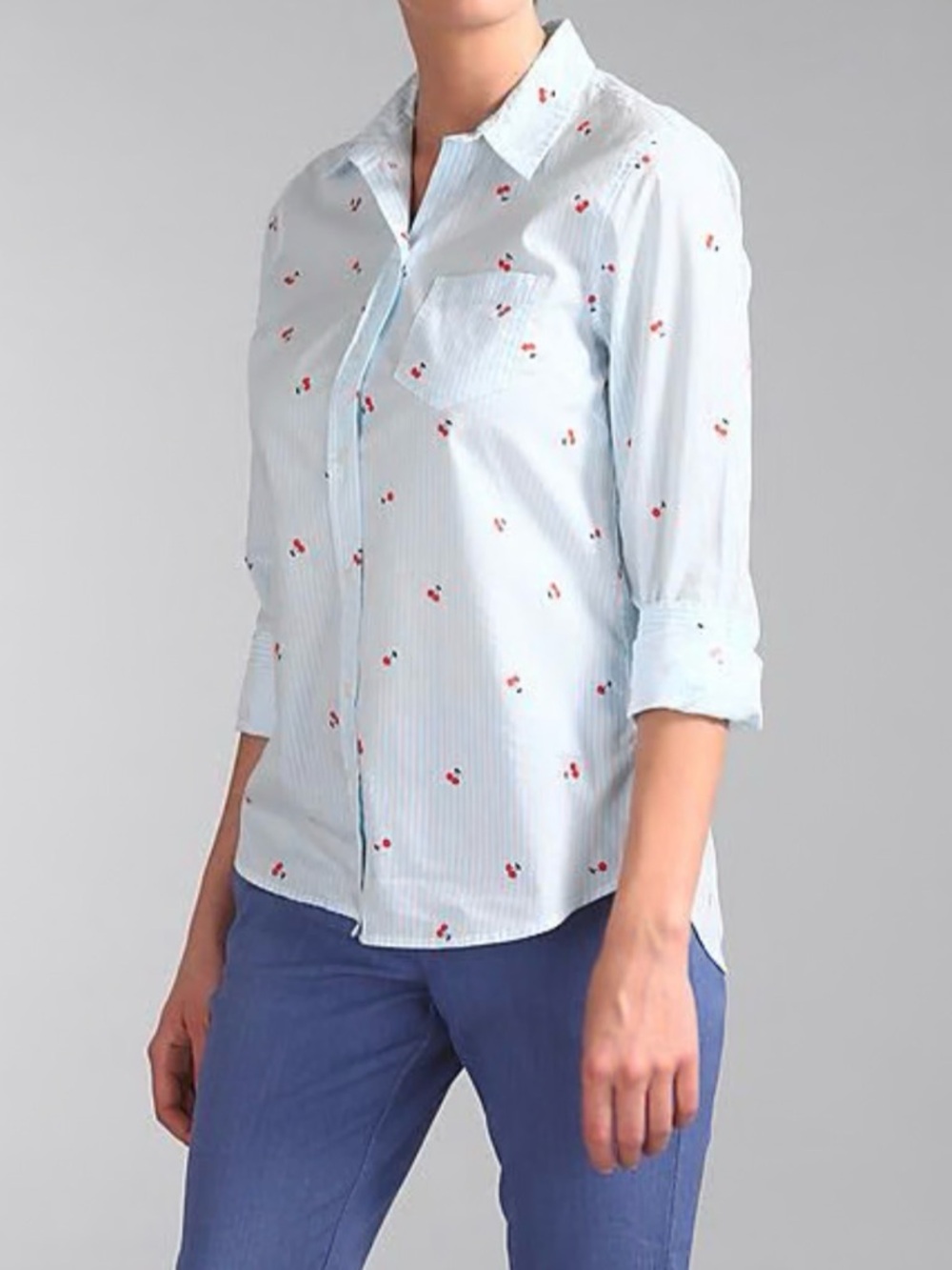 Light Blue Stripe Button-Up Shirt with Cherry Print